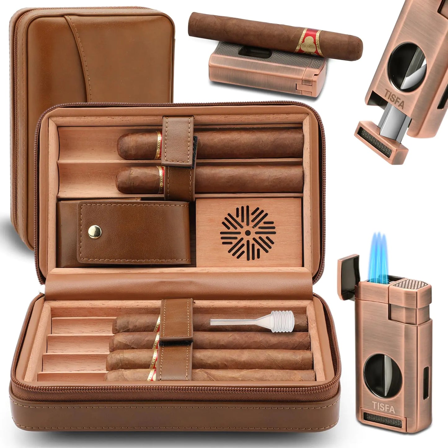 TISFA Cigar Humidor Leather Cedar Wood Cigar Case with Cigar Lighter V Cut Cigar Cutter Cigar Holder 3 in 1 Portable Travel Cigar Humidor Box with Humidifier (Brown)