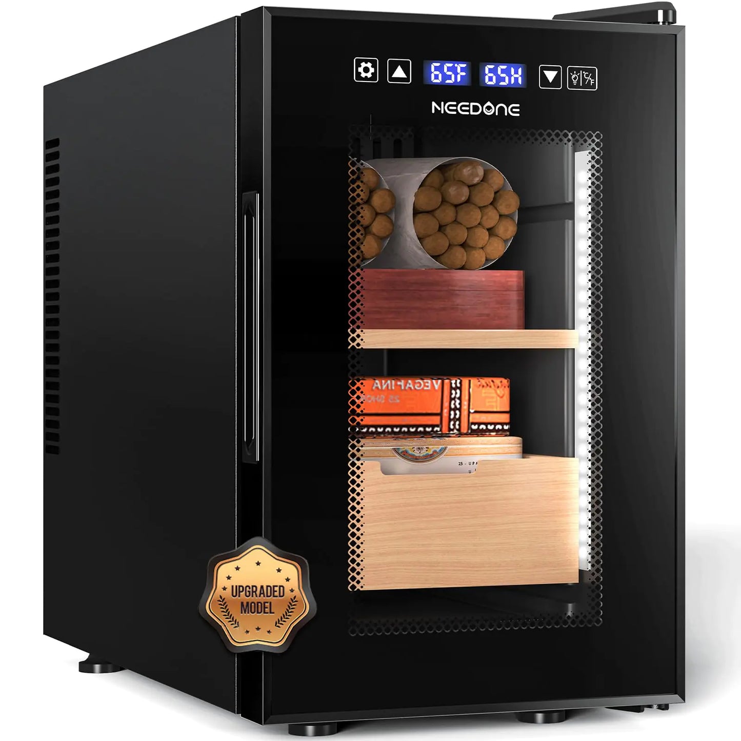 NEEDONE Cigar Humidor 16L Pro Smart Humidity & Temp Quiet Control System 2.0 Thermostatic Electric Cabinet for 100 Counts with Digital Hygrometer Spanish Cedar Wood Gifts for Men