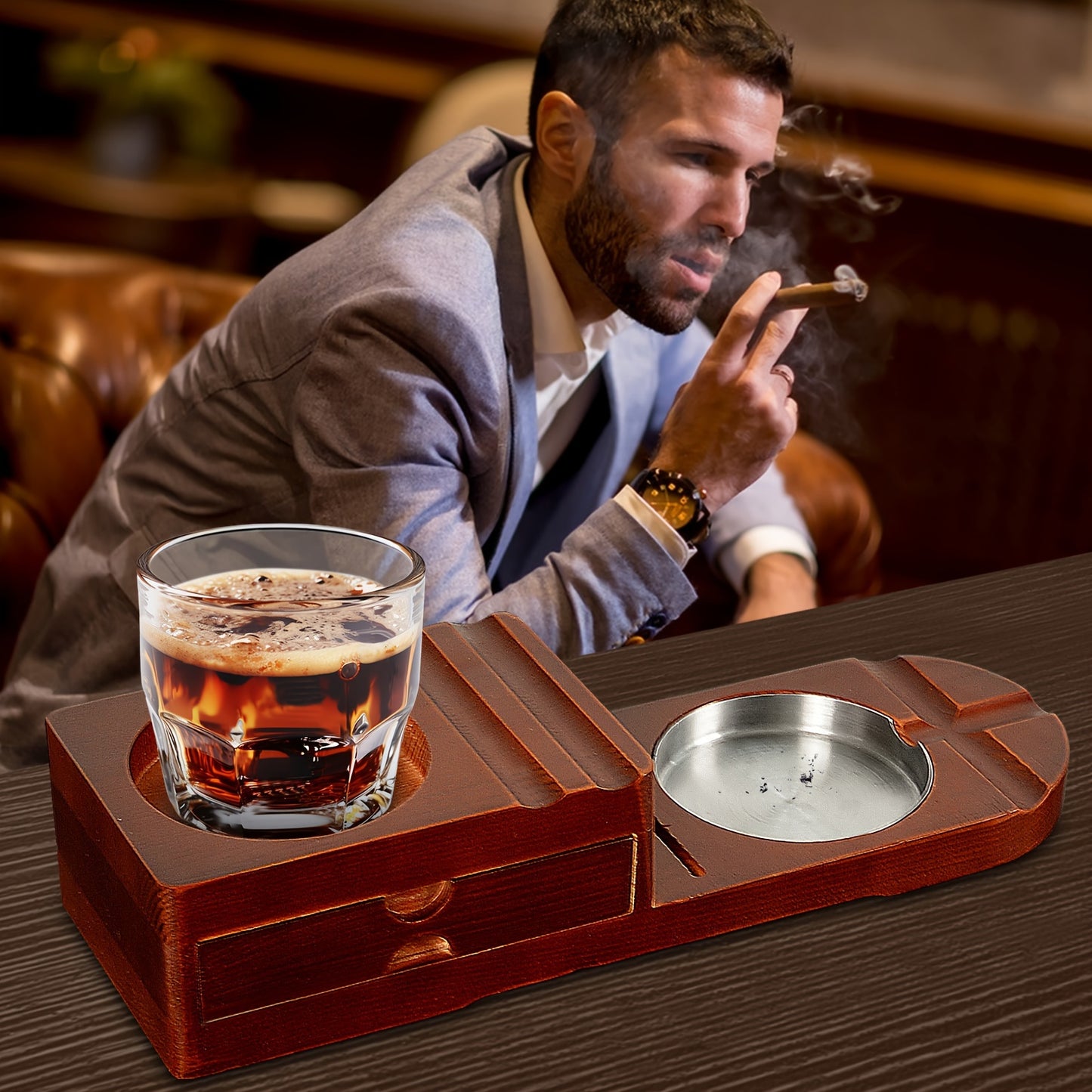 4 In 1 Cigar Humidor and Cigar Ashtray Set, Cigar Accessories with Ashtray, Drawers, Cigar Trough, Cigar Cutter Trough, Can Place Wine Glasses, Cigar Clippers, Wooden Tray, Ashtray, Cigar Accessories Kit for Men Luxury, Cigar