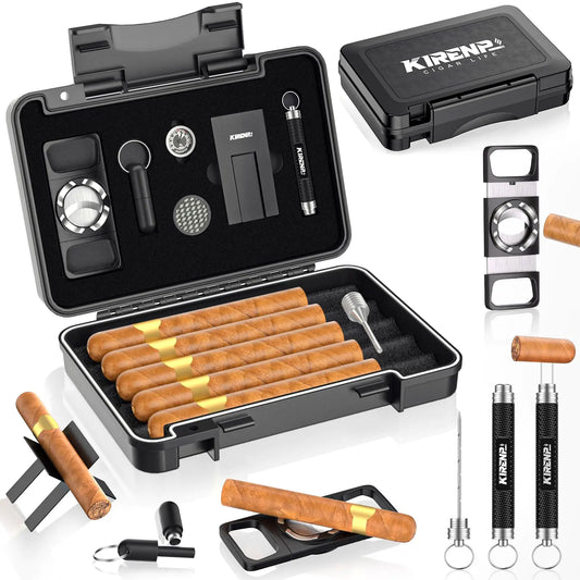 Travel Cigar Humidor Set Includes Cigar Cutter Cigar Punch Cigar Holders Draw Enhancer Tool Hygrometer & Humidifier Outdoor Cigar Case with Cigar Accessories Kit Humidor Cigar Box for Men Gift