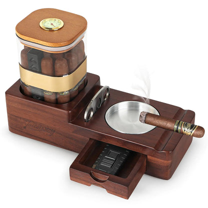 Tesonway Cigar Humidor and Cigar Ashtray Set Wooden Cigar Ash Tray with Cigar Accessories Drawer Cigar Cutter Cigar Jar Tray Humidor Cigar Box with Hygrometer and Humidifier Cigar Gifts for Men