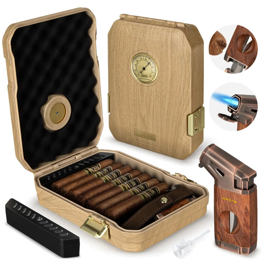 AWOTE Travel Cigar Humidor Cigar Case with Cigar Lighter Cedar Lined Cigar Box V Cut Cigar Cutter Portable Cigar Humidor with Humidifier & Hygrometer Holds 7-9 Cigars Gift Set