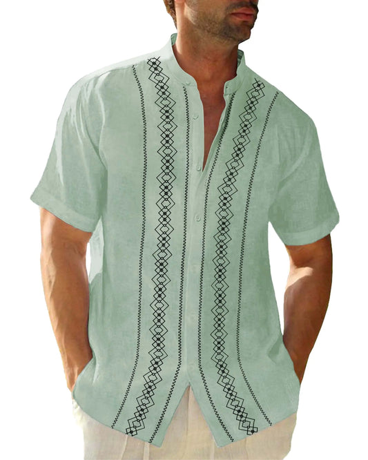 Cuban Guayabera Shirts for Men Short Sleeve Casual Button Down Shirt Band Collar Beach Camp Mexican Shirt Mint Green
