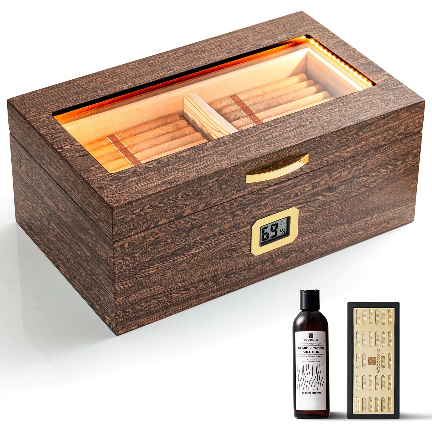 Woodronic Cigar Humidor Box with LED Lighting for 50-100 Cigars Desktop Cigar Holder with Digital Hygrometer Humidifier Humidor Solution Spanish Cedar Lining Tray and Dividers Gift for Men