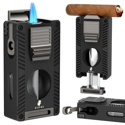 XIFEI Cigar Lighter Refillable Torch Lighter with Cigar Cutter V Cut Cigar Punch Cigar Draw Enhancer Cigar Holder 5 in 1 Butane Lighters Double Jet Flame Cigar Accessories Gift for Men (Black)