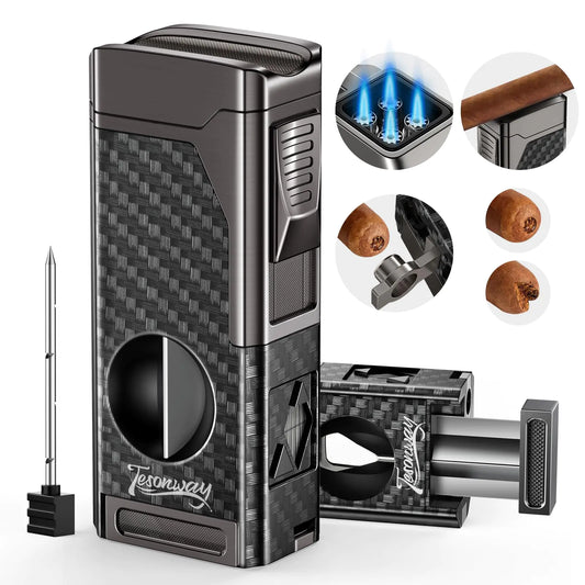 Tesonway Cigar Torch Lighter 4 Jet Flame Cigar Lighter with Cigar Cutter V Cut Cigar Accessories Cigar Holder Cigar Punch Cigar Draw Enhancer Windproof Refillable Butane Lighter Cigar Gifts for Men