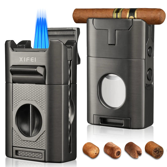 XIFEI 6-in-1 Cigar Lighter Desktop Torch Lighter with Straight Cut V-Cut Cigar Cutter Dual Cigar Punch Cigar Draw Enhancer Cigar Holder 4 Jet Flame Refillable Butane Lighter Gift for Men (Gray)