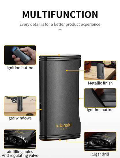 LUBINSKI Flat Flame Cigar Lighter Luxury Metal Butane Gas Torch Lighter High-end Design Cigar Accessories