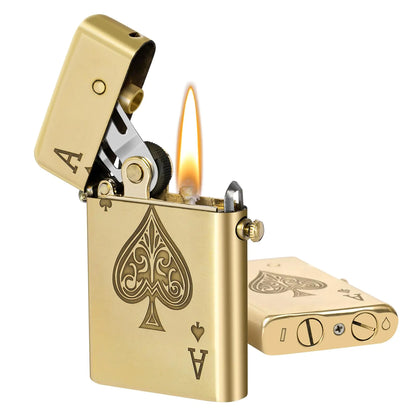 Morisk Vintage Pocket Lighter Classic Copper Trench Lighter Fluid Refillable Antique Kerosene Pipe Lighters with Safety Lock Unique Lighter Collection Gift for Men Dad Husband (Ace of Spades)