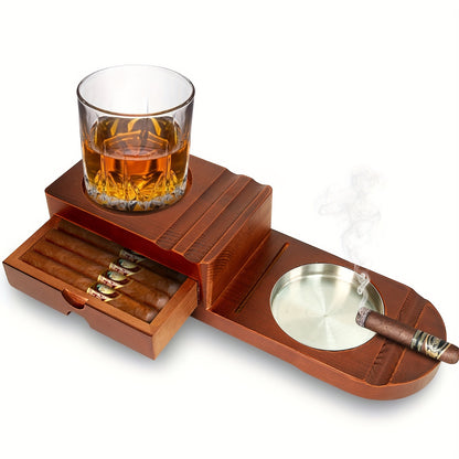 4 In 1 Cigar Humidor and Cigar Ashtray Set, Cigar Accessories with Ashtray, Drawers, Cigar Trough, Cigar Cutter Trough, Can Place Wine Glasses, Cigar Clippers, Wooden Tray, Ashtray, Cigar Accessories Kit for Men Luxury, Cigar
