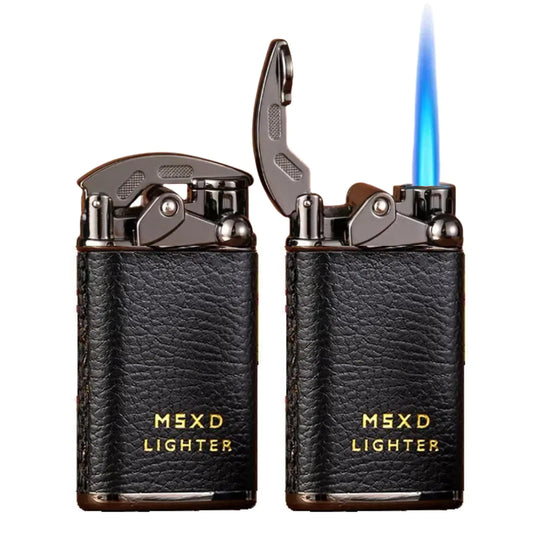 NINSI Mini Butane Torch Lighter Cool Windproof Straight Flame Refillable Lighters Leather Vintage Metal Rocker Lighter for Candles Camping (Shipped Without Gas) (Black)