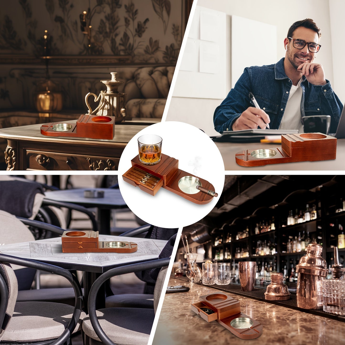 4 In 1 Cigar Humidor and Cigar Ashtray Set, Cigar Accessories with Ashtray, Drawers, Cigar Trough, Cigar Cutter Trough, Can Place Wine Glasses, Cigar Clippers, Wooden Tray, Ashtray, Cigar Accessories Kit for Men Luxury, Cigar