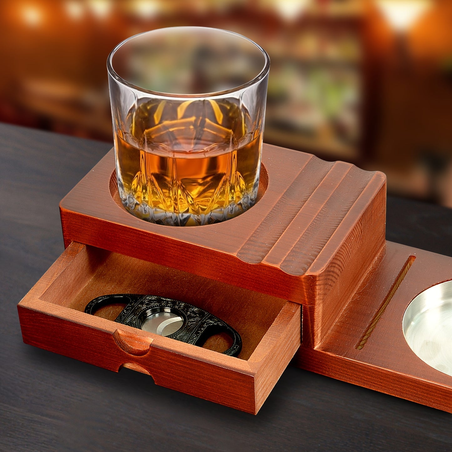 4 In 1 Cigar Humidor and Cigar Ashtray Set, Cigar Accessories with Ashtray, Drawers, Cigar Trough, Cigar Cutter Trough, Can Place Wine Glasses, Cigar Clippers, Wooden Tray, Ashtray, Cigar Accessories Kit for Men Luxury, Cigar