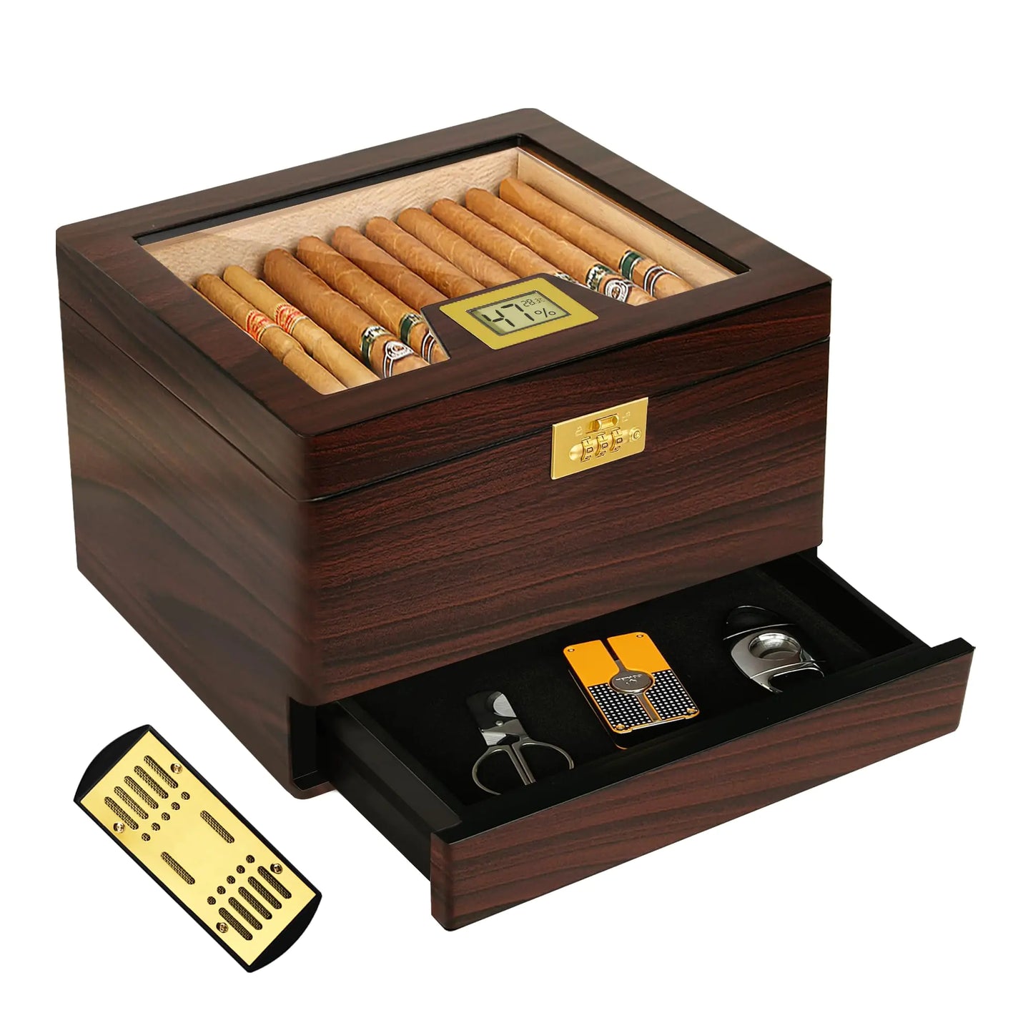 Cigar Humidor Case with Digital Hygrometer Cigar Humidor Glass Top Cigar Case Humidifiers Humidor Box Cigar Cases for Men Cigar Gifts Desktop Humidors Cigars Hold 30-50 Counts
