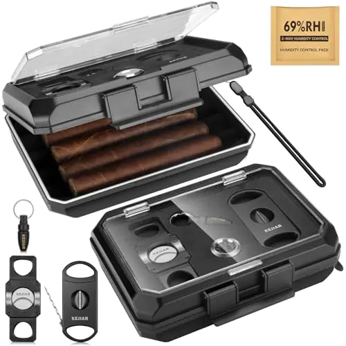 KEJIAR Travel Cigar Humidor Case Portable Cigar Box with 3 in 1 Cigar Cutter V Cut 2 in 1 Cigar Cutter Straight Cut Cigar Punch Two-Way Humidity Control Pack Acrylic Top Cigar Case for 5 Cigars