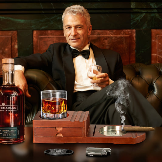 4 In 1 Cigar Humidor and Cigar Ashtray Set, Cigar Accessories with Ashtray, Drawers, Cigar Trough, Cigar Cutter Trough, Can Place Wine Glasses, Cigar Clippers, Wooden Tray, Ashtray, Cigar Accessories Kit for Men Luxury, Cigar
