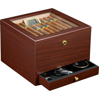Flauno Cigar Humidor with Lock Air Circulation System up to 70 Cigars Spanish Cedar Wood Accurate Digital Hygrometer Drawer Humidifier Divider Gift for Cigar Lovers