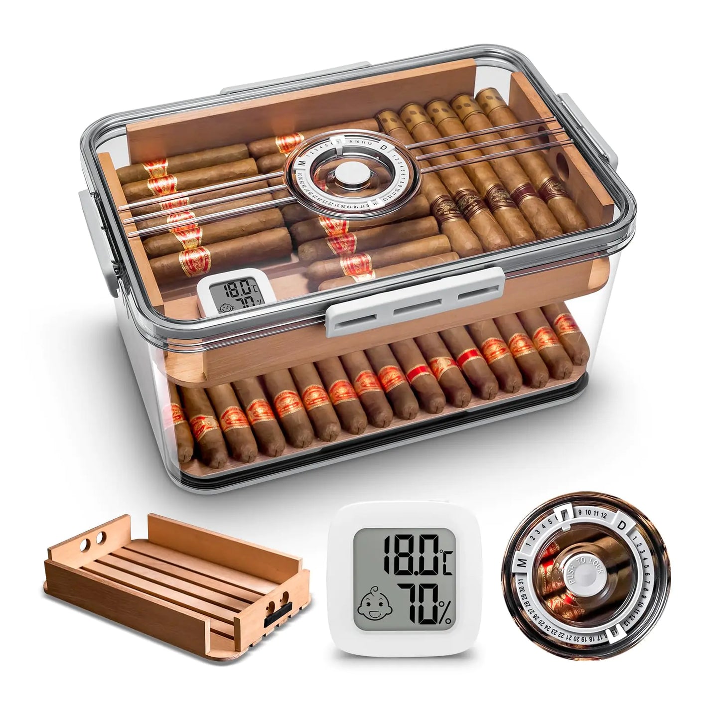 CIGARLOONG Cigar Humidor Large Accommodate 100 CigarsBuilt-in Cedar Wood Shelf with High Precision Hygrometer Transparent Cigar Storage Box