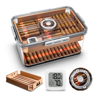 CIGARLOONG Cigar Humidor Large Accommodate 100 CigarsBuilt-in Cedar Wood Shelf with High Precision Hygrometer Transparent Cigar Storage Box