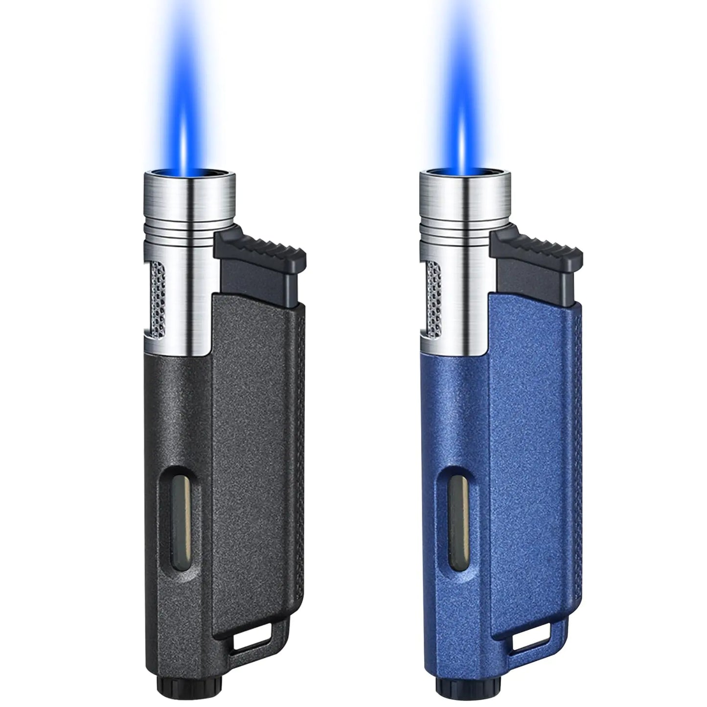 Yeuligo 2 Pack Butane Torch Lighters with Keyhole Pocket Lighter with Visible Window Adjustable and Refillable Gas Lighter for Candle Kitchen Fireplace Fireworks Without Gas(Matte Black+Blue)