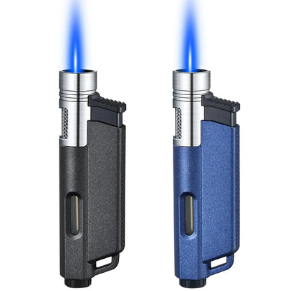 Yeuligo 2 Pack Butane Torch Lighters with Keyhole Pocket Lighter with Visible Window Adjustable and Refillable Gas Lighter for Candle Kitchen Fireplace Fireworks Without Gas(Matte Black+Blue)