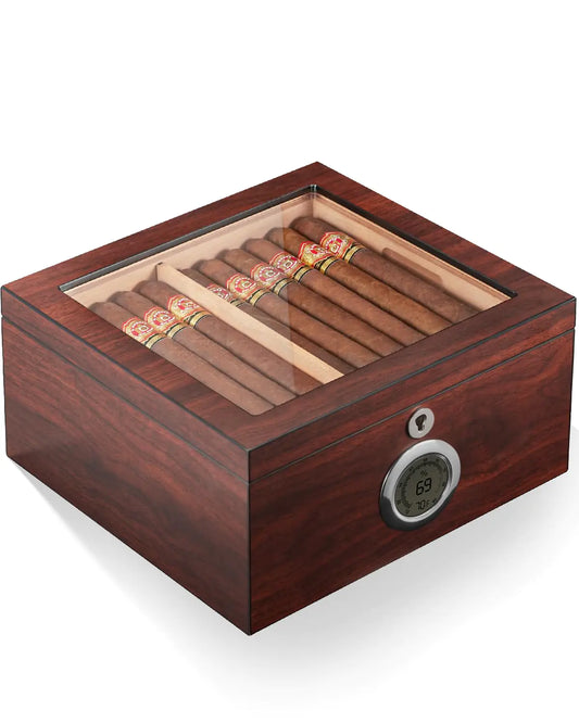 Flauno Cedar Cigar Humidor Easy Humidification System Accurate Digital Hygrometer Holds up to 60 Cigars Cigar Box with Lock 2 Humidifiers Slotted Tray & Shelf Dividers Gift for Cigar Lovers
