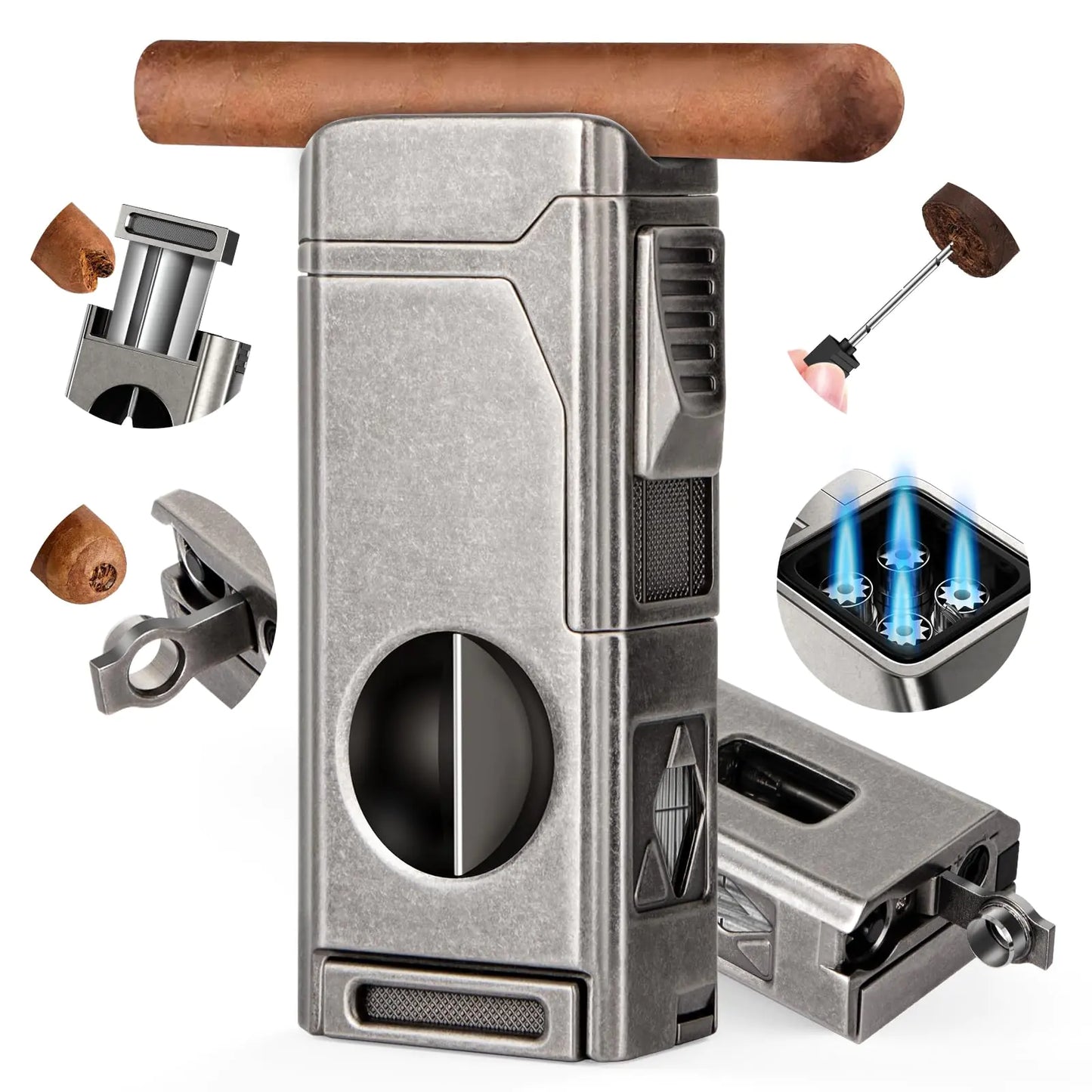 Scotte Cigar Lighter Torch Lighter 4 Jet Flame Refillable Butane Lighter with Cigar Cutter V Cut Cigar Punch Cigar Holder Cigar Draw Enhancer Great Cigar Accessories Cool Lighters with Gift Box