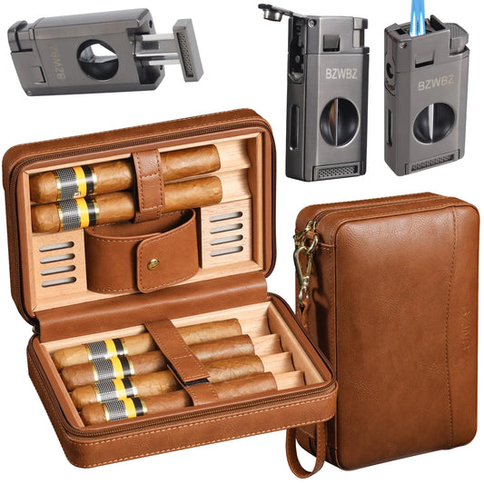 BZWBZ Travel Cigar Humidors Cigar Cutter and Lighter Set Natural Cedar Wood Lined V Cut Cigar Cutter and Cigar Punch Holds 6 Universal Cigars No Butane in Lighter